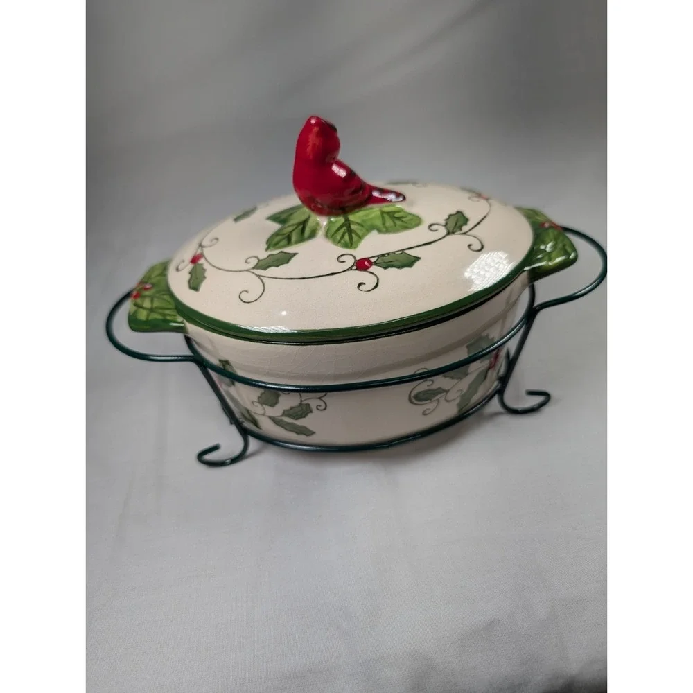 Temptations by Tara Cardinal 9oz Oval Casserole w/Lid & Wire Holder/Rack New